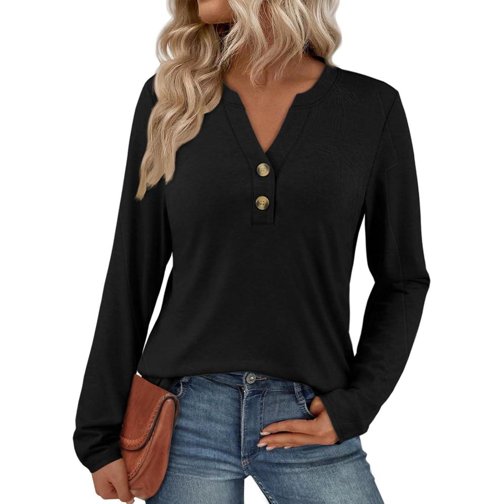 imageATHMILE Long Sleeve Shirts for Women 2025 Fall Outfits Henley Dressy Casual Tops Trendy Blouses Cute TShirts Fashion ClothesBlack