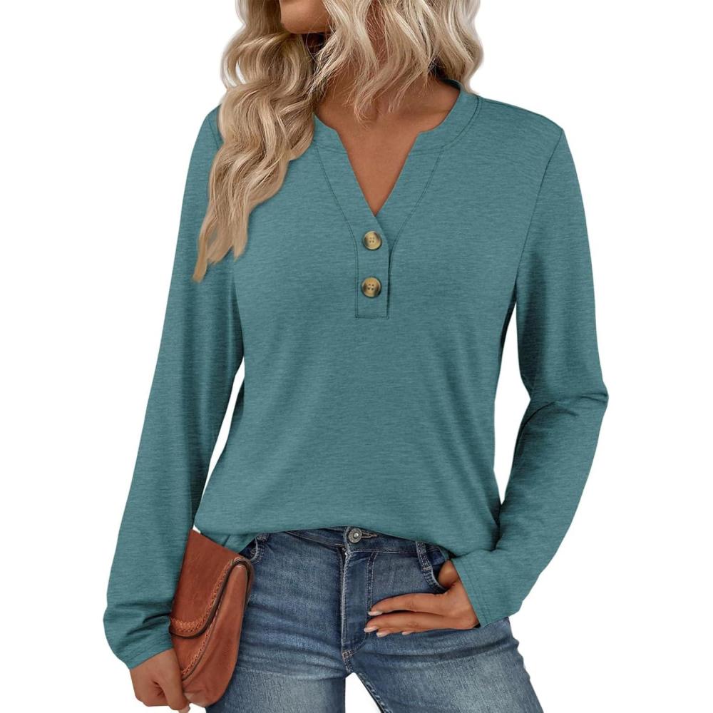 imageATHMILE Long Sleeve Shirts for Women 2025 Fall Outfits Henley Dressy Casual Tops Trendy Blouses Cute TShirts Fashion ClothesBlue Green