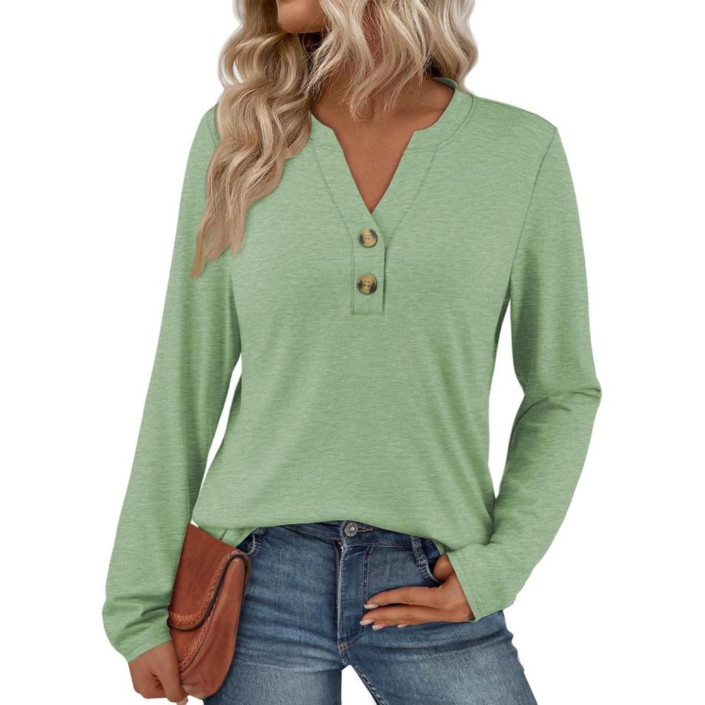imageATHMILE Long Sleeve Shirts for Women 2025 Fall Outfits Henley Dressy Casual Tops Trendy Blouses Cute TShirts Fashion ClothesLight Green