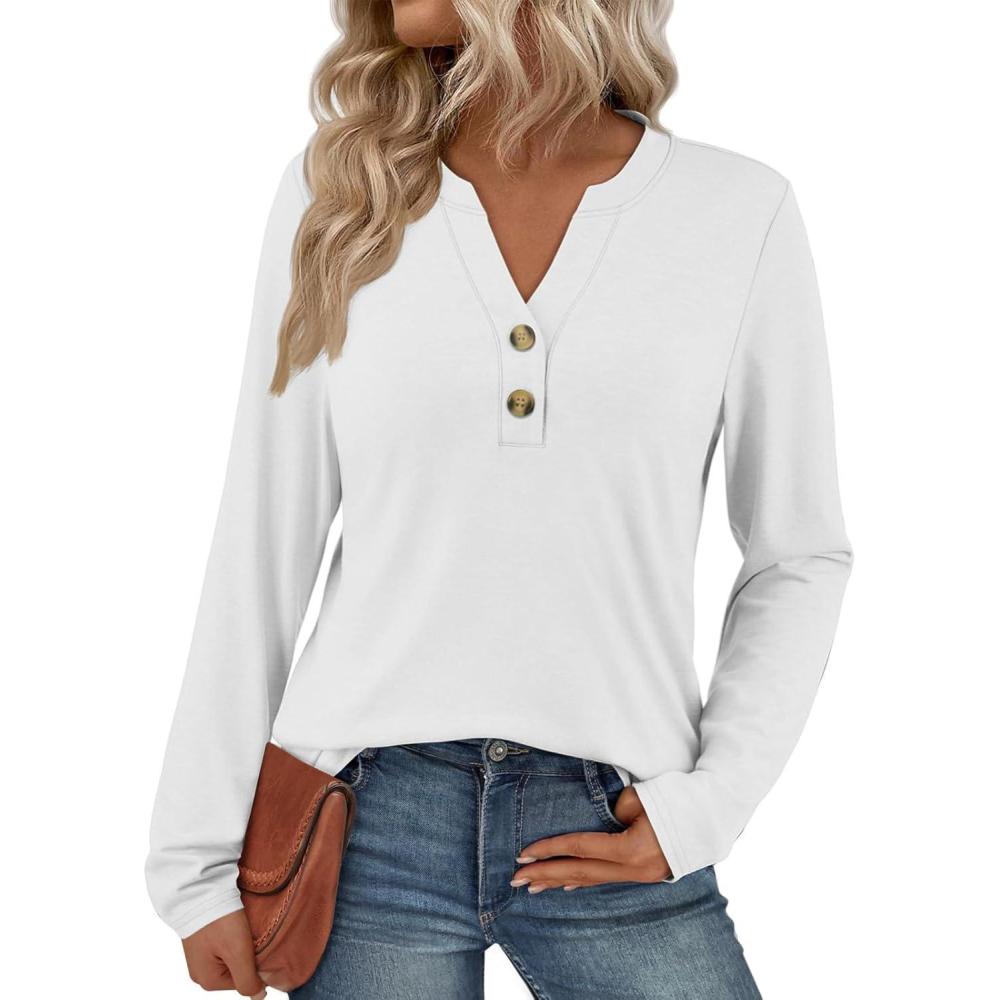 imageATHMILE Long Sleeve Shirts for Women 2025 Fall Outfits Henley Dressy Casual Tops Trendy Blouses Cute TShirts Fashion ClothesWhite