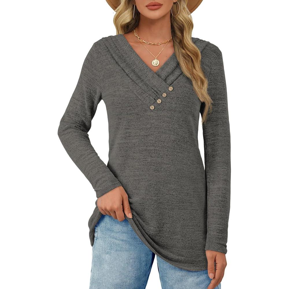 imageATHMILE Long Sleeve Shirts for Women Early Fall Fashion Tops 2025 Casual V Neck Button Blouses Tunic Tops for LeggingsDark Gray
