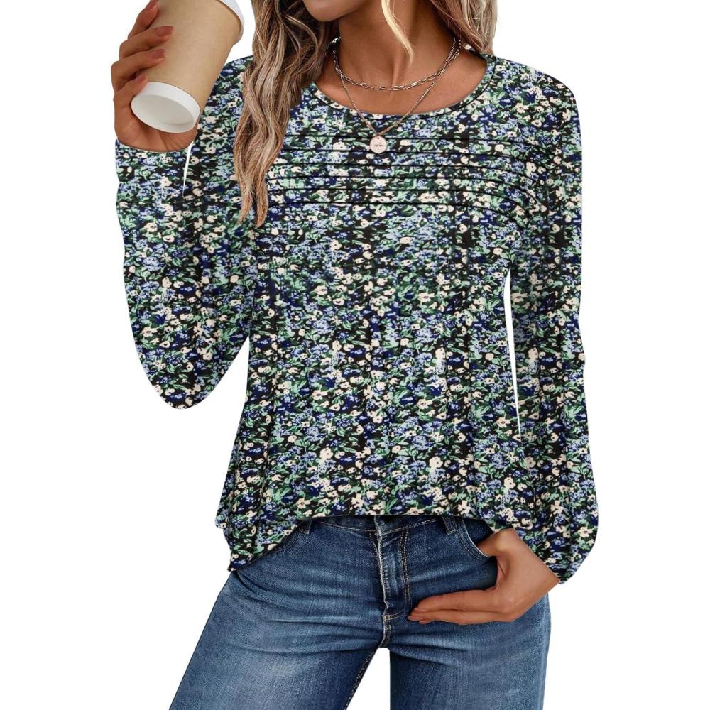 imageATHMILE Long Sleeve Shirts for Women Fall Fashion Tops 2025 Dressy Casual Blouses Trendy Pleated Tunic OutfitsFloral Blue