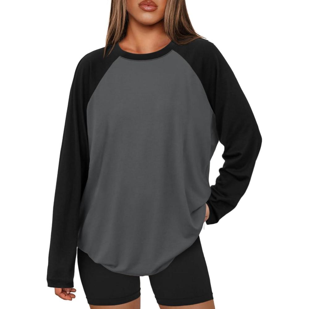 imageATHMILE Women Oversized Long Sleeve Shirt 2025 Fall Winter Casual Basics Top Loose Fit Tee Fashion Cute ClothesGrey Black