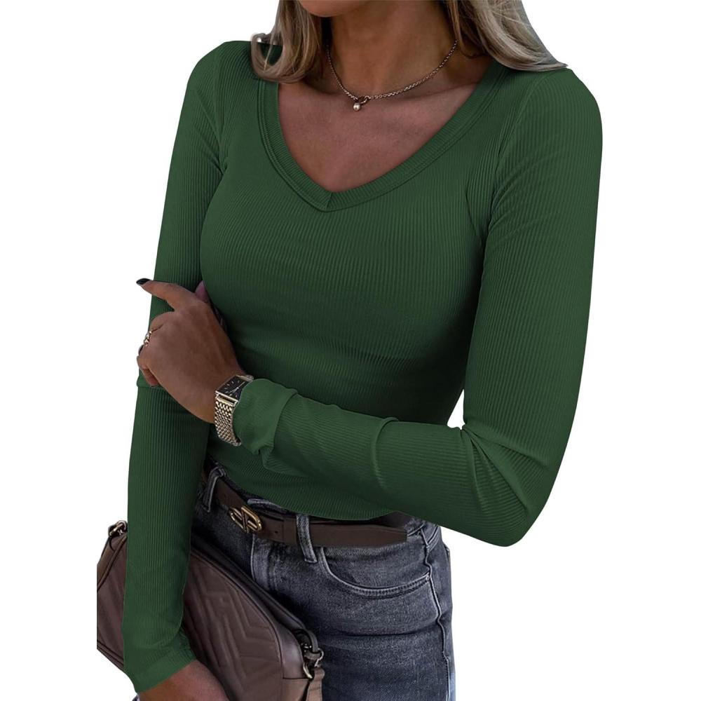 imageATHMILE Women Short Sleeve V Neck Ribbed Knit Fitted Shirts Basic Tees Tops 2025 Summer Casual TShirts Going Out OutfitsLdark Green