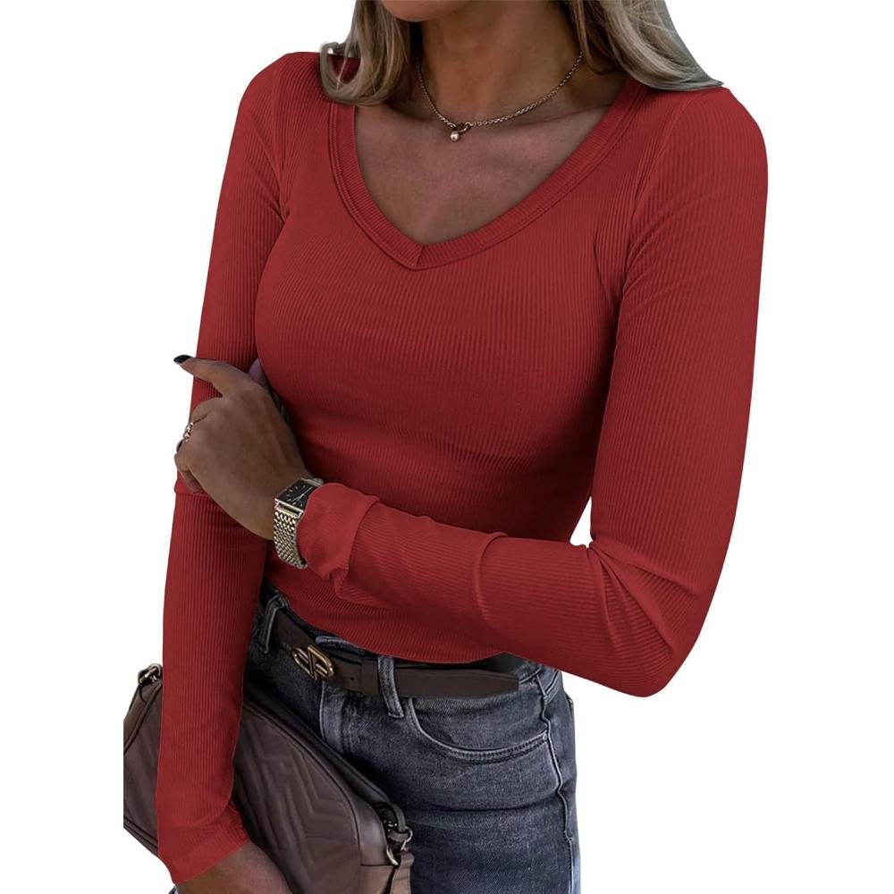 imageATHMILE Women Short Sleeve V Neck Ribbed Knit Fitted Shirts Basic Tees Tops 2025 Summer Casual TShirts Going Out OutfitsLdark Red