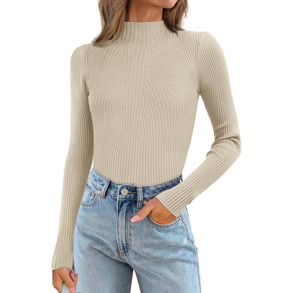 imageATHMILE Womens 2025 Fall Long Sleeve Pullover Ribbed Knit Sweater Low Mock Neck Slim Fit Basic Casual Tee TopsAlmond