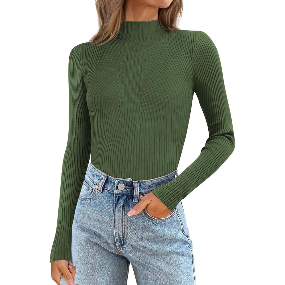 imageATHMILE Womens 2025 Fall Long Sleeve Pullover Ribbed Knit Sweater Low Mock Neck Slim Fit Basic Casual Tee TopsArmy Green