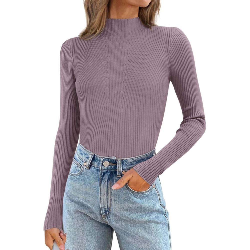 imageATHMILE Womens 2025 Fall Long Sleeve Pullover Ribbed Knit Sweater Low Mock Neck Slim Fit Basic Casual Tee TopsGray Purple