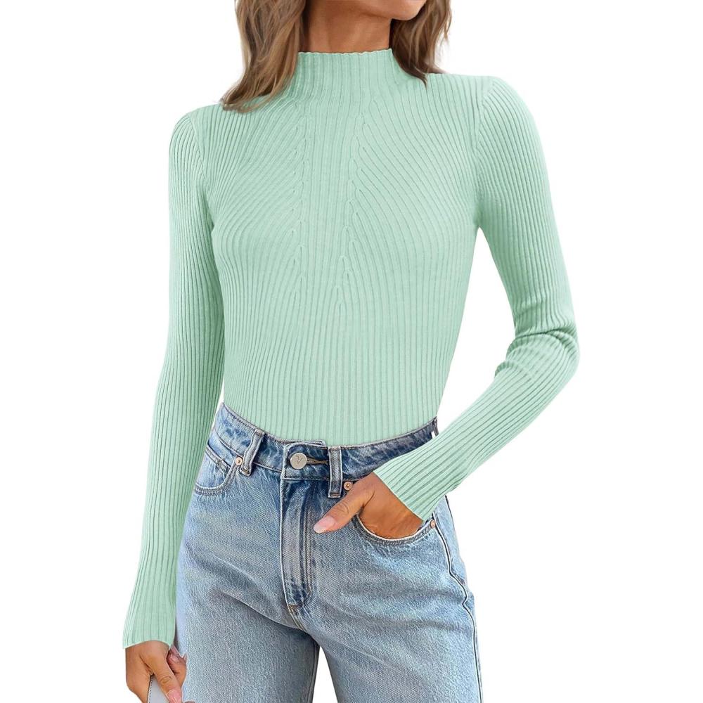 imageATHMILE Womens 2025 Fall Long Sleeve Pullover Ribbed Knit Sweater Low Mock Neck Slim Fit Basic Casual Tee TopsMint Green