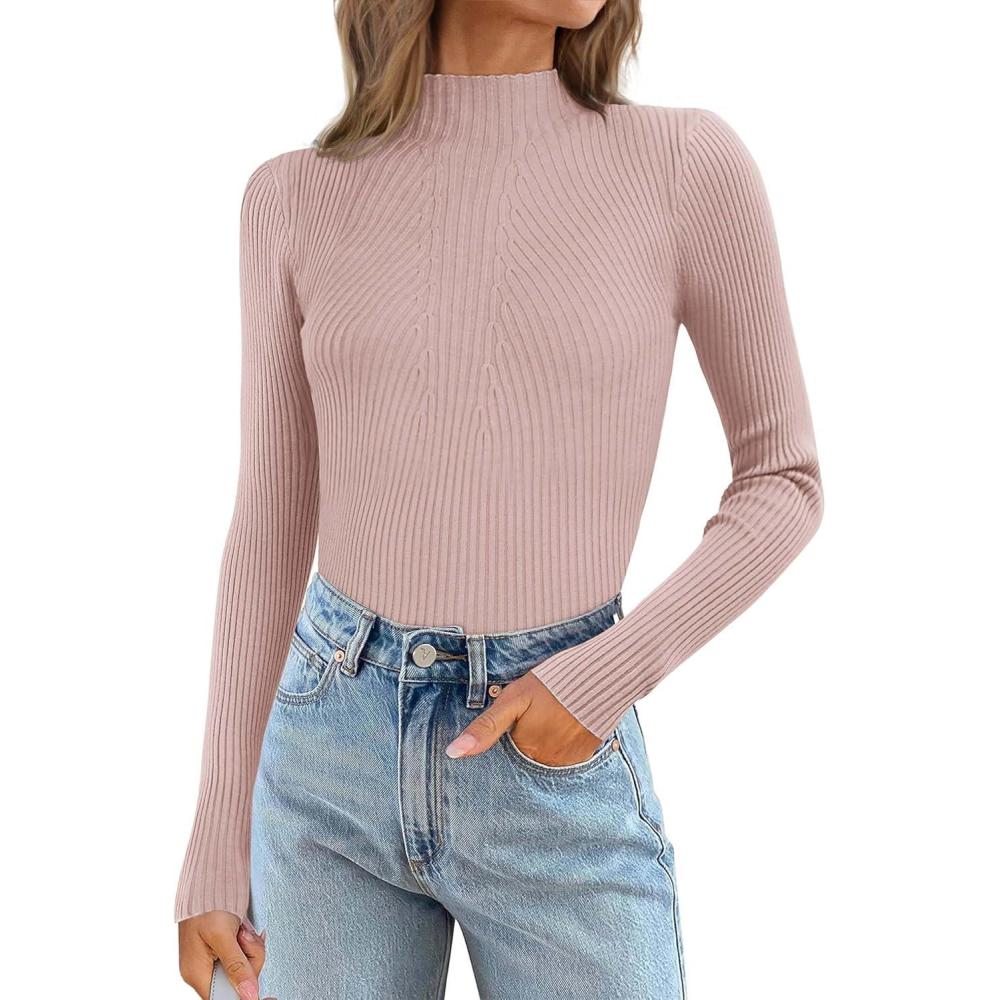 imageATHMILE Womens 2025 Fall Long Sleeve Pullover Ribbed Knit Sweater Low Mock Neck Slim Fit Basic Casual Tee TopsPink