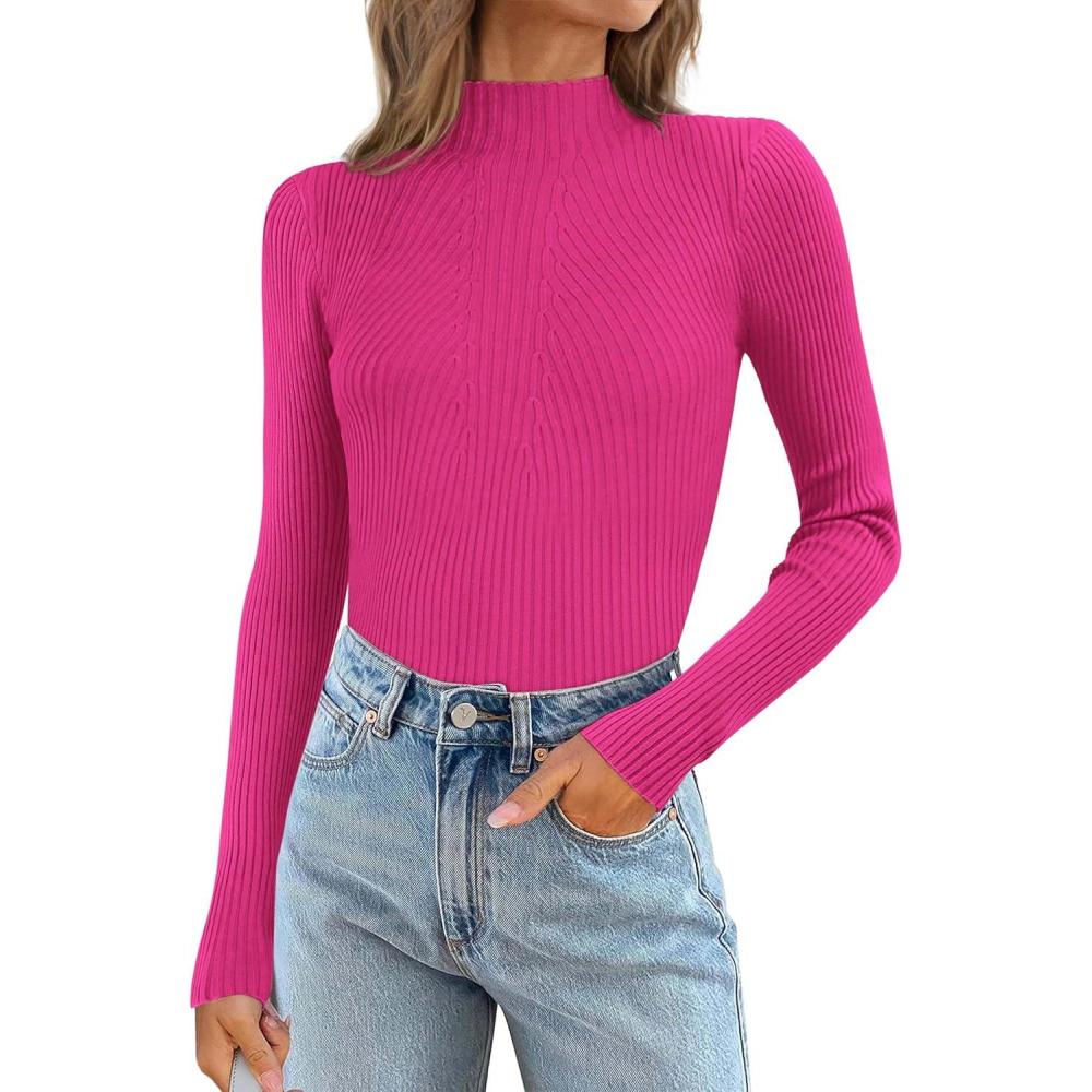 imageATHMILE Womens 2025 Fall Long Sleeve Pullover Ribbed Knit Sweater Low Mock Neck Slim Fit Basic Casual Tee TopsRose Red