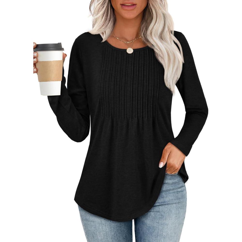imageATHMILE Womens Long Sleeve Shirts Business Casual Blouse Dressy Fall Spring Basic Outfits Trendy Loose Fit Tunic TopsBlack