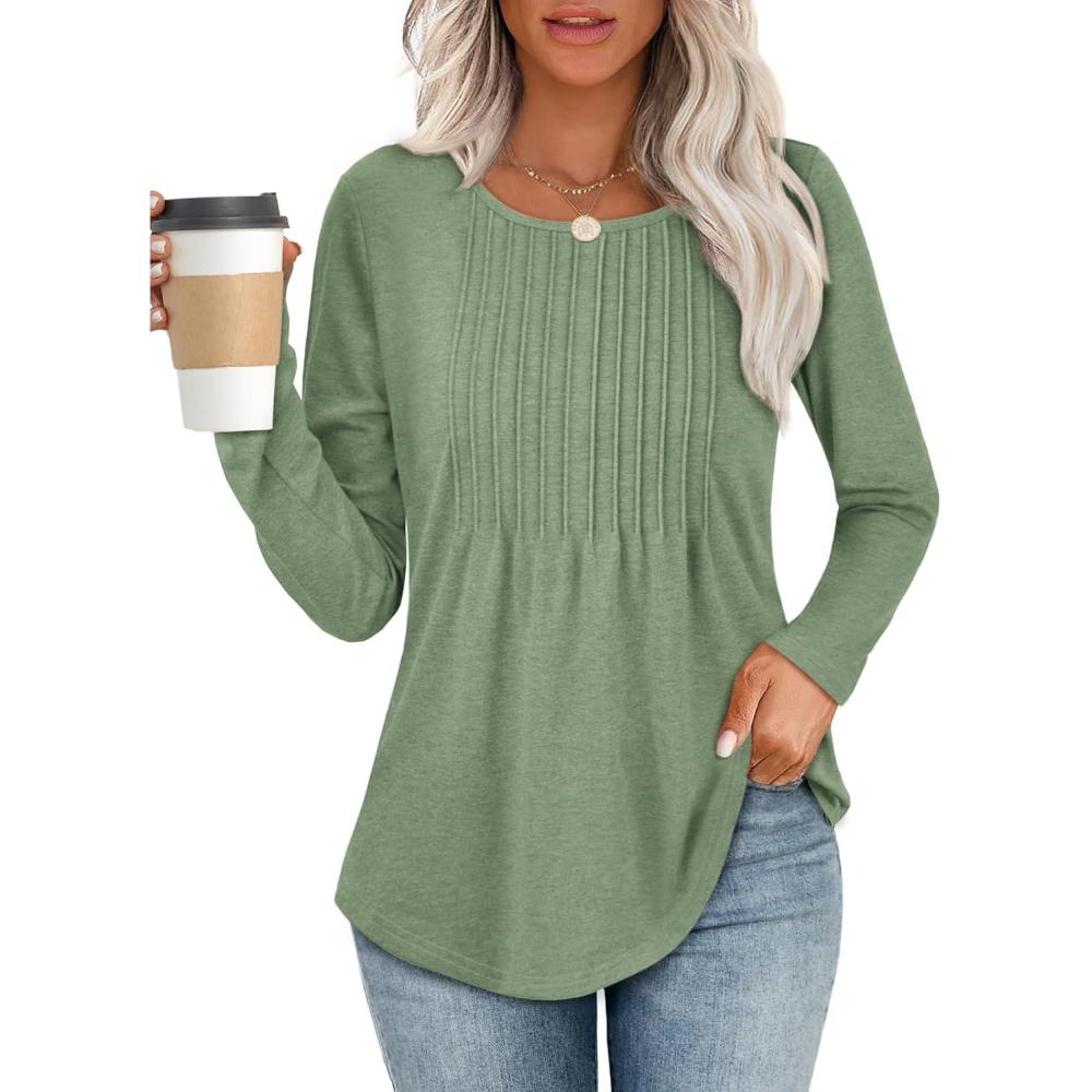 imageATHMILE Womens Long Sleeve Shirts Business Casual Blouse Dressy Fall Spring Basic Outfits Trendy Loose Fit Tunic TopsLight Green