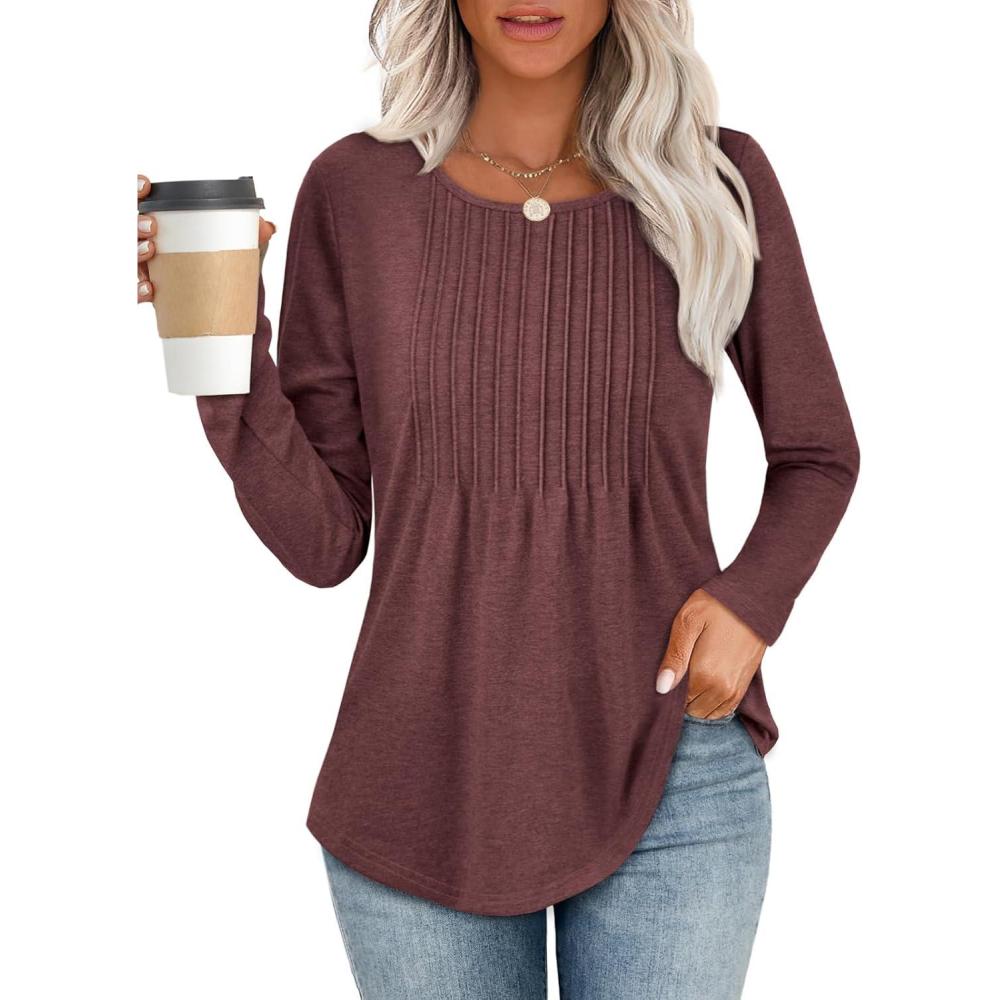 imageATHMILE Womens Long Sleeve Shirts Business Casual Blouse Dressy Fall Spring Basic Outfits Trendy Loose Fit Tunic TopsWine Red