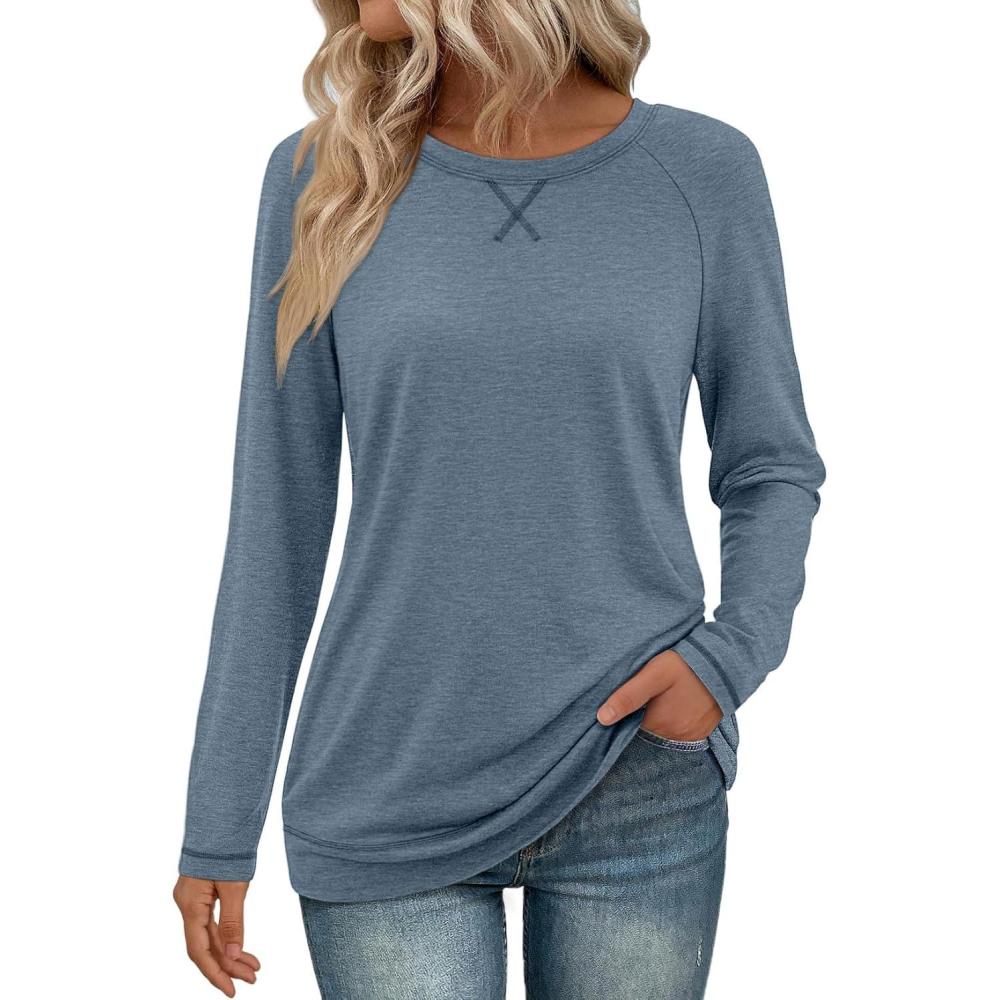 imageATHMILE Womens Long Sleeve Shirts Casual Loose Fit Tops Fall Fashion Outfits Dressy Basic Trendy Blouses ClothesGrey Blue