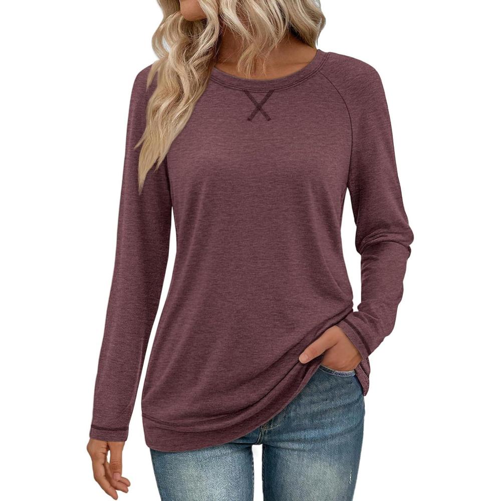 imageATHMILE Womens Long Sleeve Shirts Casual Loose Fit Tops Fall Fashion Outfits Dressy Basic Trendy Blouses ClothesWine Red