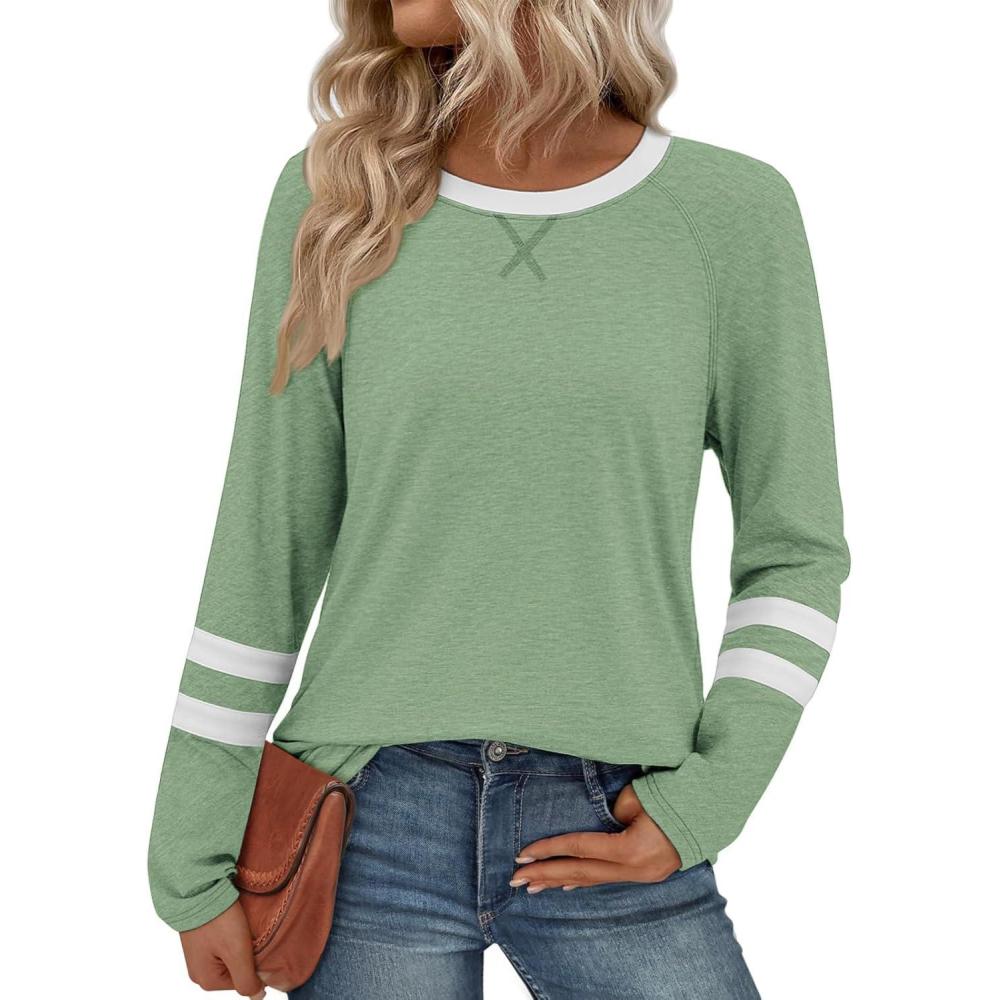 imageATHMILE Womens Long Sleeve Shirts Color Block Casual Crewneck Tops Tshirt Basic Tee Fall Fashion Clothes Trendy Outfits 2025Light Green