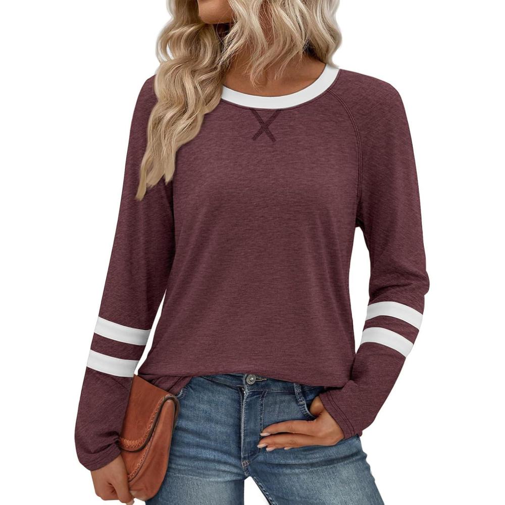 imageATHMILE Womens Long Sleeve Shirts Color Block Casual Crewneck Tops Tshirt Basic Tee Fall Fashion Clothes Trendy Outfits 2025Winered