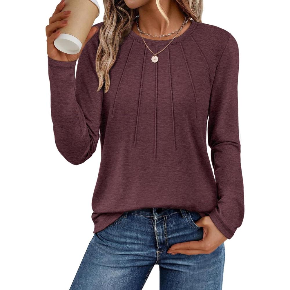 imageATHMILE Womens Long Sleeve Shirts Pleated Business Casual Basic Tunic Tops Fall Tees ClothesWine Red