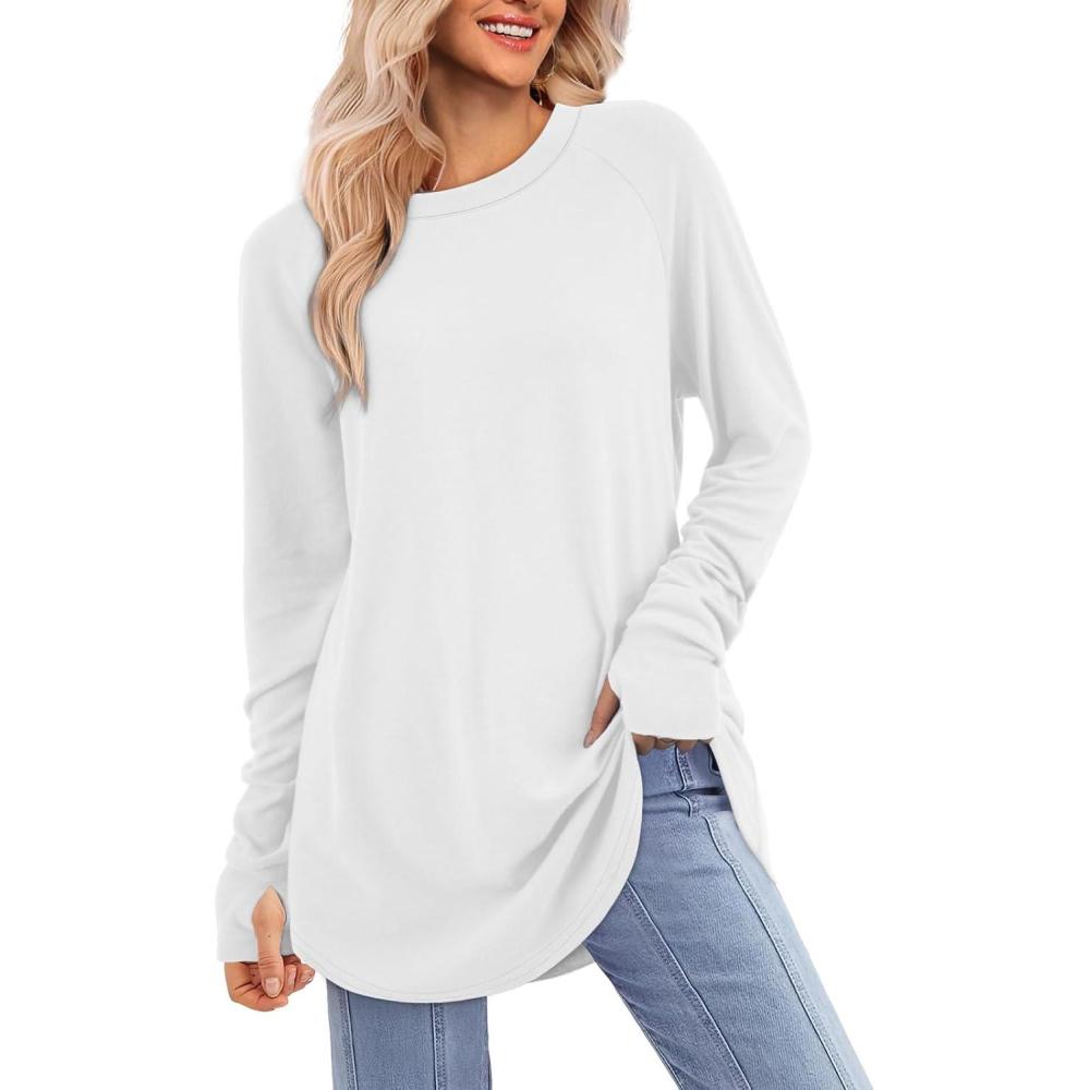 imageATHMILE Womens Tunic Tops to Wear with Leggings Fall Long Sleeve Thumb Hole Shirts Crew Neck Curved Hem Fashion Clothes 2025White