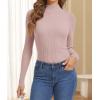 imageATHMILE Womens 2025 Fall Long Sleeve Pullover Ribbed Knit Sweater Low Mock Neck Slim Fit Basic Casual Tee TopsPink