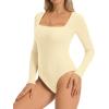 imageATHMILE Womens Square Neck Long Sleeve Bodysuit Ribbed Slim Fitted TopsApricot