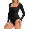 imageATHMILE Womens Square Neck Long Sleeve Bodysuit Ribbed Slim Fitted TopsBlack