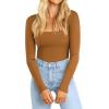 imageATHMILE Womens Square Neck Long Sleeve Bodysuit Ribbed Slim Fitted TopsCamel