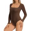 imageATHMILE Womens Square Neck Long Sleeve Bodysuit Ribbed Slim Fitted TopsCoffee