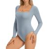 imageATHMILE Womens Square Neck Long Sleeve Bodysuit Ribbed Slim Fitted TopsCounty Blue