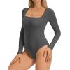 imageATHMILE Womens Square Neck Long Sleeve Bodysuit Ribbed Slim Fitted TopsDark Grey