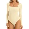 imageATHMILE Womens Square Neck Long Sleeve Bodysuit Ribbed Slim Fitted TopsApricot