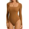 imageATHMILE Womens Square Neck Long Sleeve Bodysuit Ribbed Slim Fitted TopsCamel