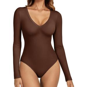 imageATHMILE Deep V Neck Long Sleeve Bodysuits for Women Sexy Going Out Tops Body SuitsCoffee