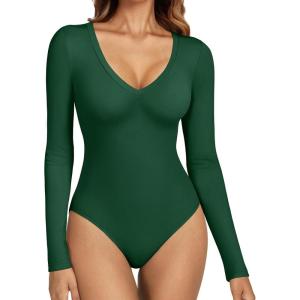 imageATHMILE Deep V Neck Long Sleeve Bodysuits for Women Sexy Going Out Tops Body SuitsDark Green