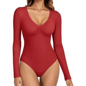 imageATHMILE Deep V Neck Long Sleeve Bodysuits for Women Sexy Going Out Tops Body SuitsRed