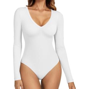 imageATHMILE Deep V Neck Long Sleeve Bodysuits for Women Sexy Going Out Tops Body SuitsWhite