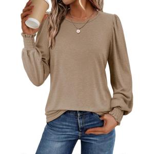 imageATHMILE Fall Long Sleeve Shirts for Women Business Casual Crewneck Tops Dressy Blouses with Smocked Cuffs Teacher OutfitsKhaki