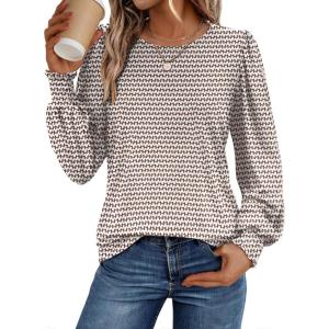 imageATHMILE Fall Long Sleeve Shirts for Women Business Casual Crewneck Tops Dressy Blouses with Smocked Cuffs Teacher OutfitsKhaki Stripe