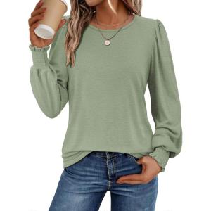 imageATHMILE Fall Long Sleeve Shirts for Women Business Casual Crewneck Tops Dressy Blouses with Smocked Cuffs Teacher OutfitsLight Green