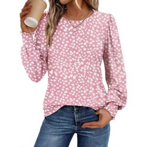 imageATHMILE Fall Long Sleeve Shirts for Women Business Casual Crewneck Tops Dressy Blouses with Smocked Cuffs Teacher OutfitsPink Dot