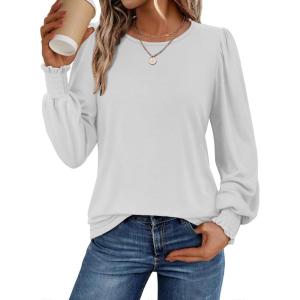 imageATHMILE Fall Long Sleeve Shirts for Women Business Casual Crewneck Tops Dressy Blouses with Smocked Cuffs Teacher OutfitsWhite