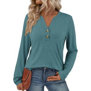 imageATHMILE Long Sleeve Shirts for Women 2025 Fall Outfits Henley Dressy Casual Tops Trendy Blouses Cute TShirts Fashion ClothesBlue Green