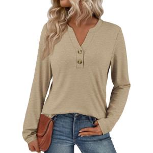 imageATHMILE Long Sleeve Shirts for Women 2025 Fall Outfits Henley Dressy Casual Tops Trendy Blouses Cute TShirts Fashion ClothesKhaki