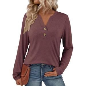 imageATHMILE Long Sleeve Shirts for Women 2025 Fall Outfits Henley Dressy Casual Tops Trendy Blouses Cute TShirts Fashion ClothesWine Red