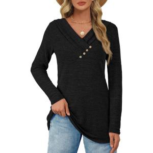 imageATHMILE Long Sleeve Shirts for Women Early Fall Fashion Tops 2025 Casual V Neck Button Blouses Tunic Tops for LeggingsBlack