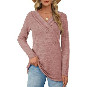 imageATHMILE Long Sleeve Shirts for Women Early Fall Fashion Tops 2025 Casual V Neck Button Blouses Tunic Tops for LeggingsPink