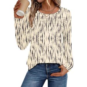 imageATHMILE Long Sleeve Shirts for Women Fall Fashion Tops 2025 Dressy Casual Blouses Trendy Pleated Tunic OutfitsBeige Black
