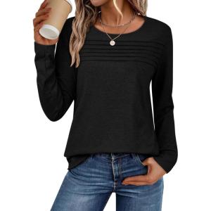 imageATHMILE Long Sleeve Shirts for Women Fall Fashion Tops 2025 Dressy Casual Blouses Trendy Pleated Tunic OutfitsBlack