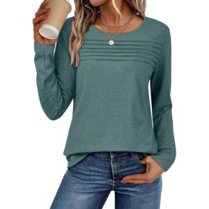 imageATHMILE Long Sleeve Shirts for Women Fall Fashion Tops 2025 Dressy Casual Blouses Trendy Pleated Tunic OutfitsBluegreen